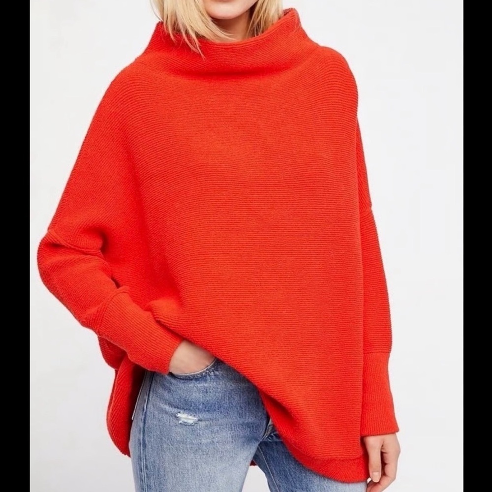 Free People Bold Red Orange Cowl Neck Sweater XS Baggy Oversized Fit